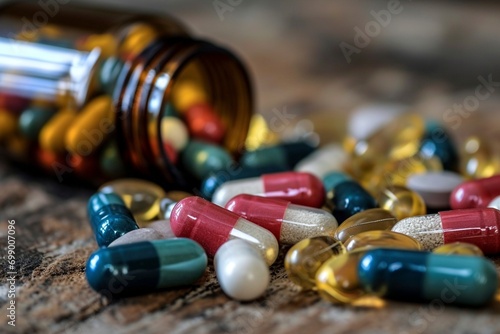 Surtido colorido de medicamentos derramados de botella sobre fondo de madera texturizada photo