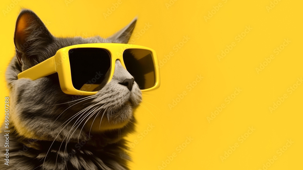 Cat in sunglasses on a yellow background with copyspace