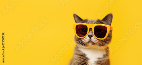 Cat in sunglasses on a yellow background with copyspace © dwoow