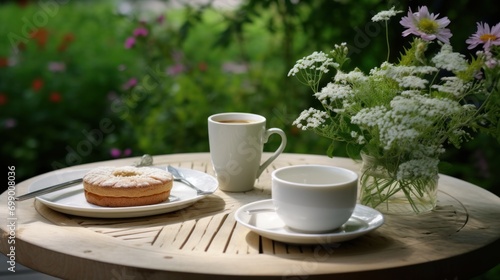 Fancy white porcelain set with herbal tea, coffee, and homemade pie on wooden table in garden