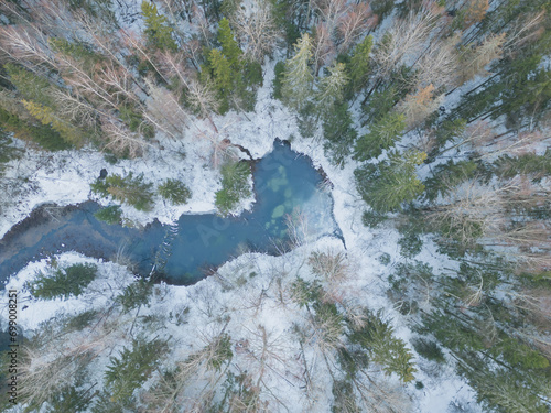 Nature of Estonia in winter. Local spring Siniallikad in the forest, photo from a drone. photo