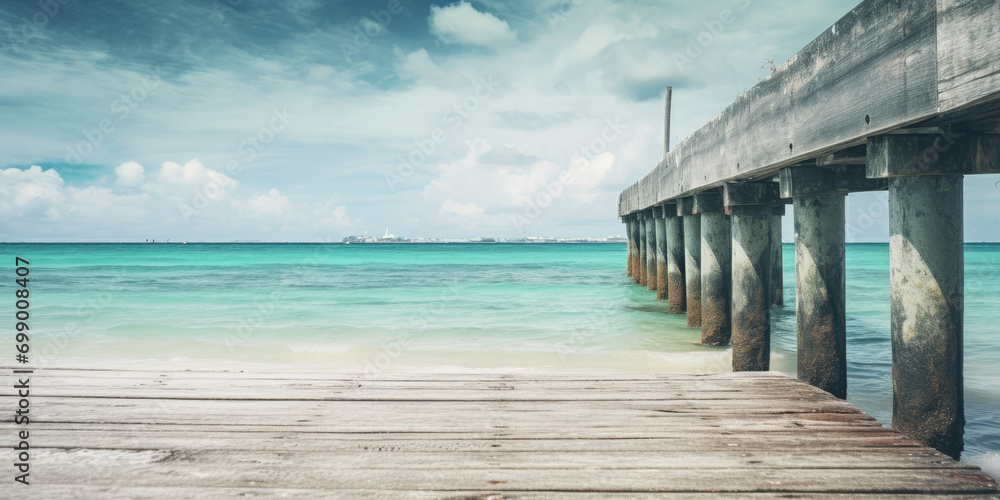 a close up of a wooden pier extending into the ocean reaching out over the calm ocean waters. Perfect for travel brochures, coastal-themed websites, and relaxation-themed designs.