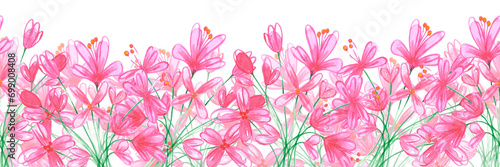 Hand drawn watercolor abstract pink daisy flowers seamless frame border isolated on white background. Can be used for cards  tape  textile and other printed products.