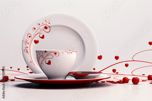 cup, coffee, tea, drink, white, red, saucer, mug, isolated, breakfast, beverage