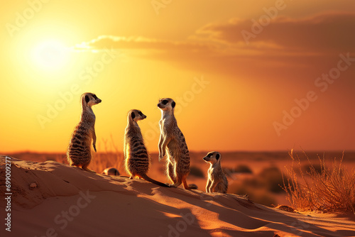Fotografie, Obraz AI generated illustration of meerkats perched atop a golden sand dune