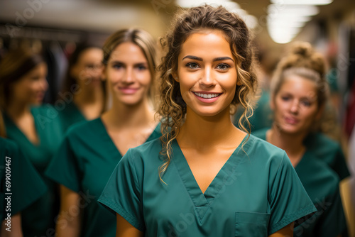 Smiling nurse in green coat stands in front of patient's room in hospital.