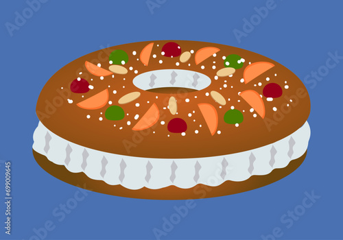 Roscón de Reyes relleno de nata y con frutas confitadas, almendras fileteadas y azucar glass. Roscón de bizcocho y nata