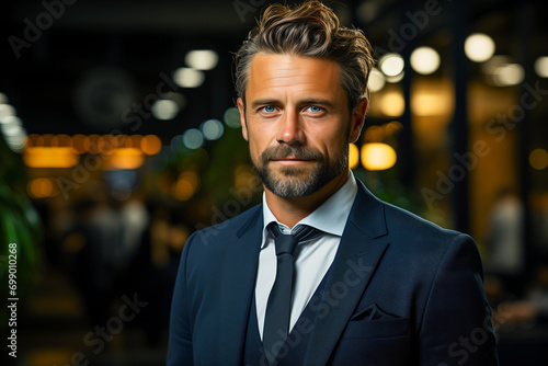 Handsome man in stylish suit with beard.
