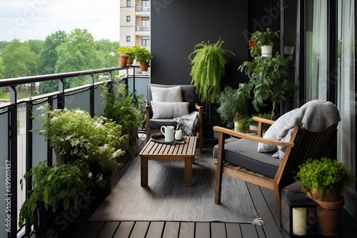 Beautiful decorated balcony with table, chairs, pillows and many decorative plants photo