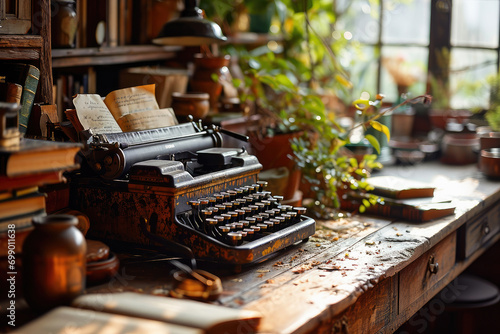 Antique typewriter on a rustic wooden desk surrounded by vintage objects, suggesting a creative or historical writing setting. photo