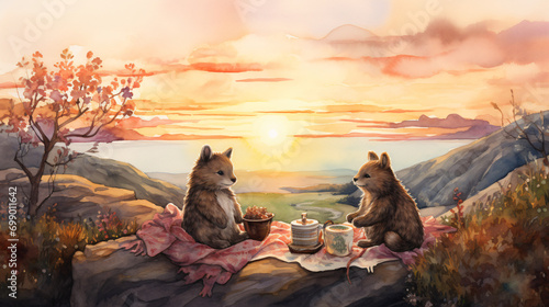 Magical watercolor of two animals watching a romantic photo