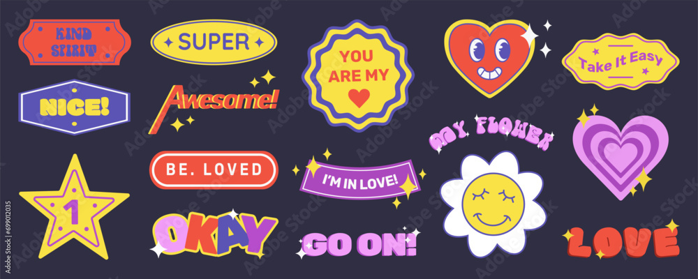 Y2K sticker set, old fashioned labels abd badges in retro graphic style, design elements and decorations. Vector illustration. Y2K sticker set, old fashioned labels abd badges in retro graphic style, design elements and decorations. Vector illustration.