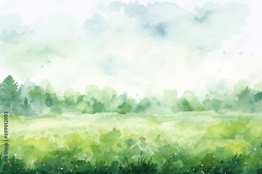 Watercolor illustration of green meadow landscape. Spring day scene