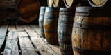 wood oak barrels stacked on a wooden floor, wooden wine barrels in wine cellar. Concept Product Banner. 