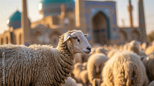 domestic sheep stands in front of a large mosque. Selective focus shot of a bunch. Happy Eid-al-Adha Feast of the Sacrifice Greeting. Made with generative ai