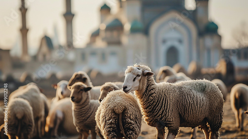 domestic sheep stands in front of a large mosque. Selective focus shot of a bunch. Happy Eid-al-Adha Feast of the Sacrifice Greeting. Made with generative ai photo