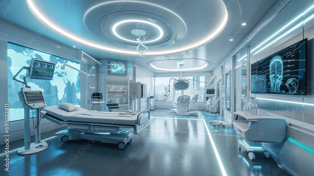 Obraz premium medical technology Futuristic hospital room with high tech Artificial neural networks technology equipment and using virtual reality technology 
