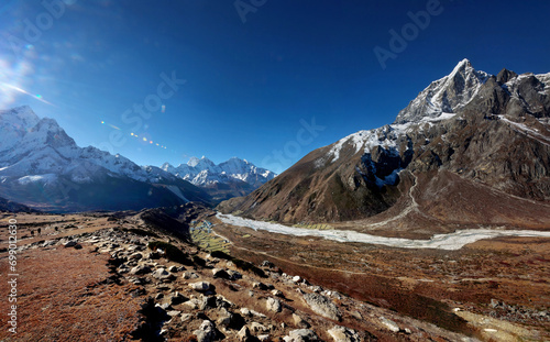 Panoramic shot of Mount Taboche, Pheriche village and Tsola River, EBC trek, Nepal Himalaya