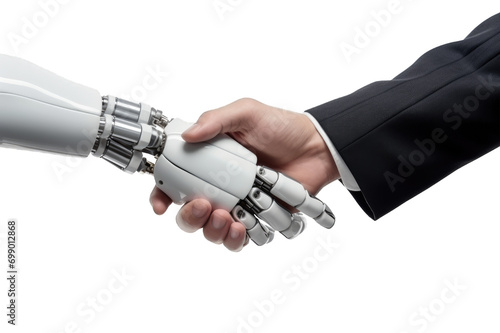 Hand of a man in a suit shaking hands with a modern ai robot. Concept of human agreement with artificial intelligence photo