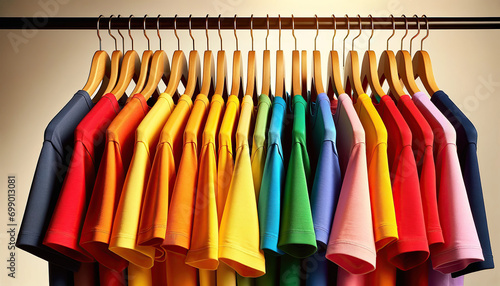 Colorful T-Shirts on Hangers Against Neutral Background - Suitable for fashion retail and color diversity themes..clothes, wear, store, fashion, shirt, colorful, clothing, fabric, textile, hanger