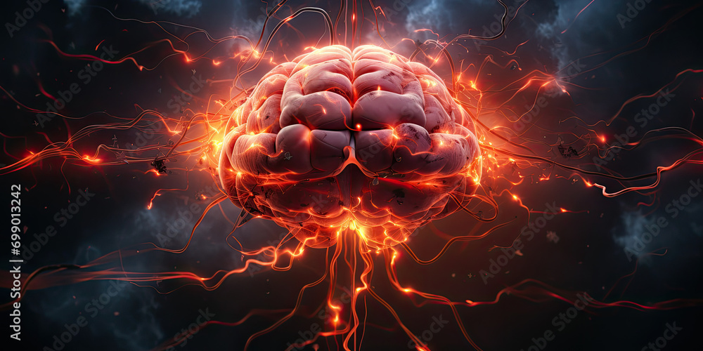 ,A detailed image of a brain with sparks emanating from it. Ideal for science, technology, and innovation concepts, depicting creativity, intelligence, Electrical activity inside the human brain - obrazy, fototapety, plakaty 
