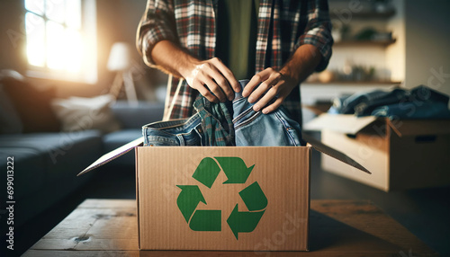 Packing Jeans for Donation with Recycle Symbol - Suggests themes of sustainability, clothing donation, and recycling practices.help, clothes, social, box, care, clothing, volunteer, community, donate © auc