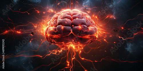 ,A detailed image of a brain with sparks emanating from it. Ideal for science, technology, and innovation concepts, depicting creativity, intelligence, Electrical activity inside the human brain photo