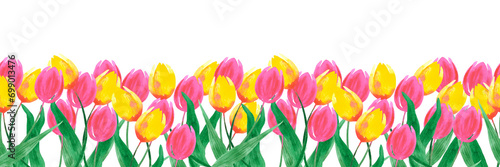 Fototapeta Naklejka Na Ścianę i Meble -  Hand drawn watercolor pink and yellow tulips seamless border isolated on white background. Can be used for label, tape, decoration and other printed products.