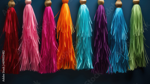 Colorful Tassel Garland Pattern,A close up of tassels on a string. Perfect for adding a bohemian touch to designs, such as invitations, textiles, or fashion accessories.