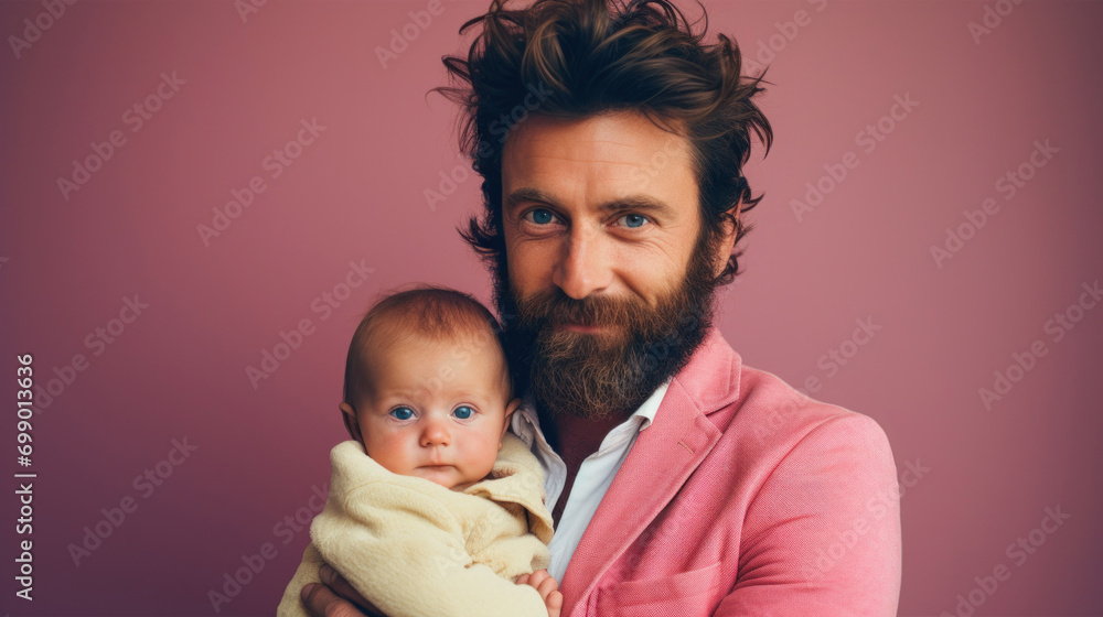 A dapper man with a beard in a pink blazer holds his adorable infant against a pink background. A dapper man with a beard in a pink blazer holds his adorable infant against a pink background.