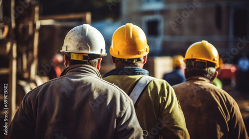 Rear view of construction workers in hard hats focusing on a busy construction site ahead.