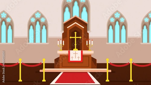 2d Rendered Slow Zooming In Of Christian Church Hall With Pulpit Podium In Centre.
