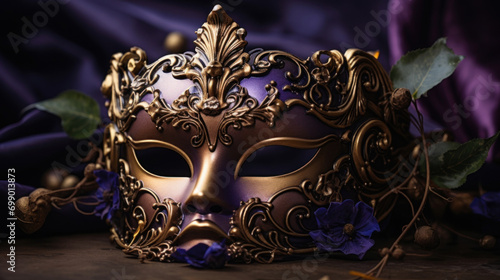 An ornate Venetian masquerade mask adorned with intricate gold details and purple flowers, evoking mystery and elegance.