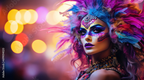 A performer at a festival wearing a colorful feather headdress and dramatic makeup  illuminated by bokeh lights.