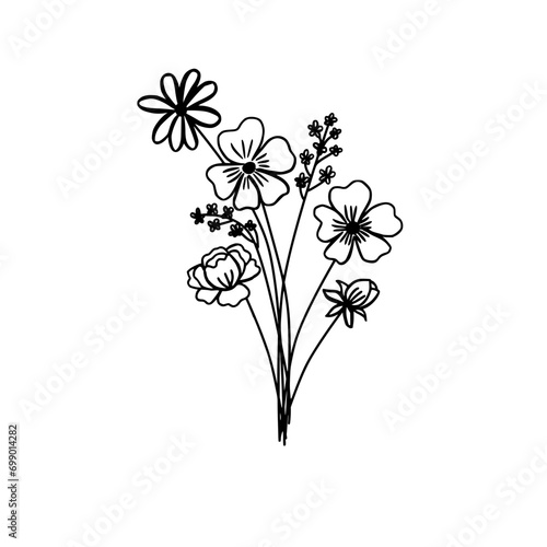 Flower Bouquet Line Drawing Cosmos With Linum And Peony Hand Drawn FLoral