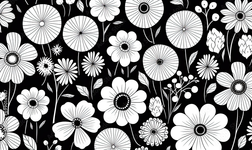 A black and white drawing of flowers on a black background A black and white drawing of flowers on a black background