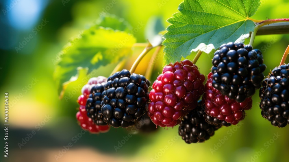 colored ripe blackberry fruits on a branch in the garden. colored ripe blackberry fruits on a branch in the garden.