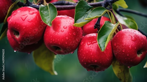 red ripe apples on the tree after rain.