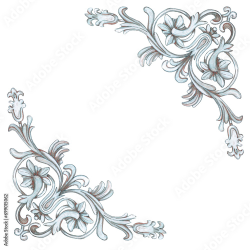 Hand drawn watercolor vintage ornament frame border. Baroque illustration isolated on white background. Can be used for cards, label and other printed products.