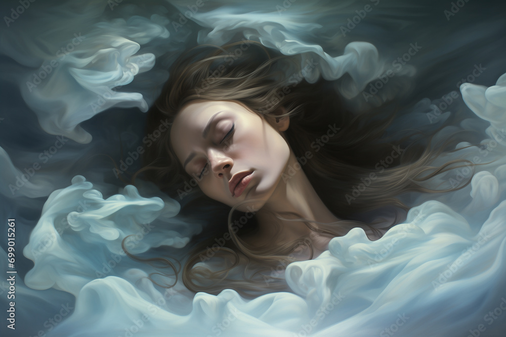 Explore an enchanting realm as a surreal female avatar surround by vibrant abstraction mist, Lose yourself in a dreamlike fusion of fantasy and reality, Ethereal female Art, Imaginary Sleeping beauty Explore an enchanting realm as a surreal female avatar surround by vibrant abstraction mist, Lose yourself in a dreamlike fusion of fantasy and reality, Ethereal female Art, Imaginary Sleeping beauty