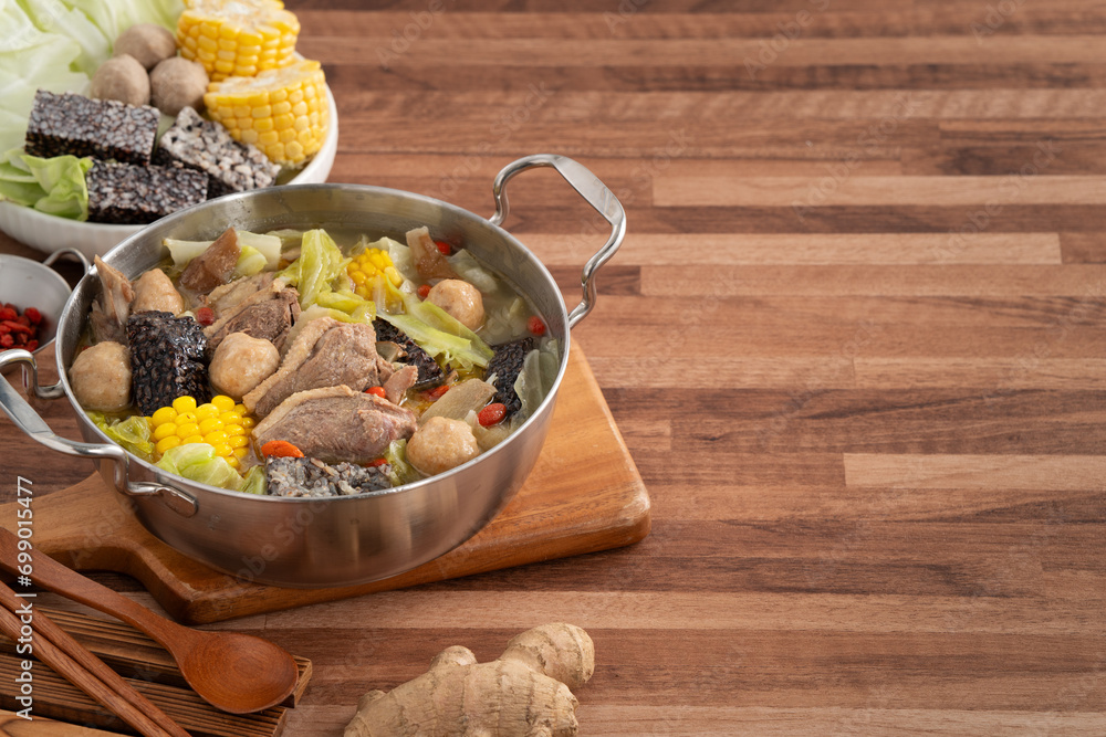 Delicious ginger duck hot pot soup with fresh vegetables in Taiwan. Delicious ginger duck hot pot soup with fresh vegetables in Taiwan.