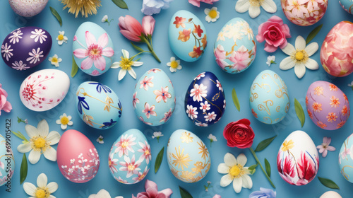 Exquisite hand-painted Easter eggs surrounded by a variety of spring flowers on a blue background.