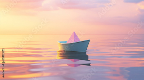 A solitary paper boat floats on the calm waters of a sunset, reflecting a sense of tranquility and introspection.