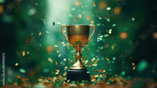 An elegant trophy basks in a celebratory atmosphere with sparkling green confetti, evoking feelings of accomplishment and pride.