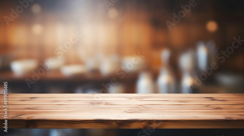 Warmly lit wooden table surface with a defocused background of a cozy restaurant ambiance, ideal for display and montage.