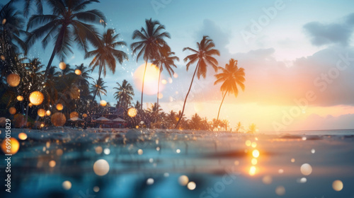 Golden sunset glow illuminating a tranquil tropical beach, with palm trees and a serene ocean horizon.