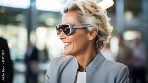 Fashionable woman wearing advanced smart sunglasses with a reflective display, smiling in a modern setting.