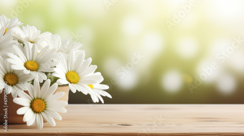 A serene setting with a terracotta pot filled with white daisies on a wooden surface against a blurred green background.