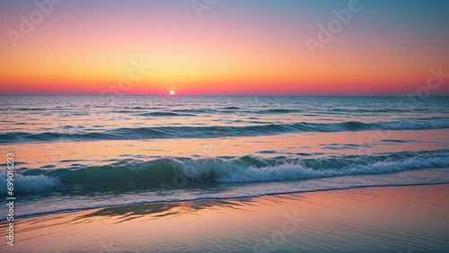 Beautiful sunset on tropical paradise beach. Colorful inspiring tropical summer landscape with seascape horizon and waves. Perfect landscape background for relaxing  vacation  travel  tourism concept