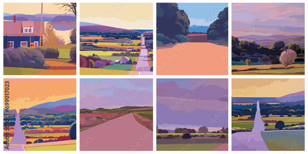 collection de paysages de campagne dans un style peinture en aplat pop art